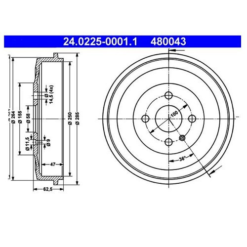 Bremstrommeln hinten Durchmesser 250mm ATE für BMW Serie 02 E10 Limousine 1600ti und 2002Turbo (09/1967-07/1975) - das Paar - BA14135