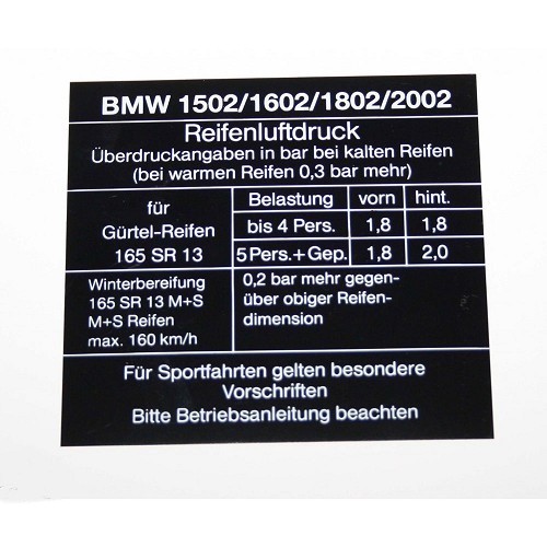  Recommended tyre pressure sticker - BK20028 