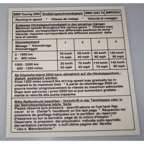  Windscreen sticker detailing Engine run-in procedure - BK20030 
