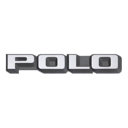  Emblème arrière POLO chromé sur fond noir pour VW Polo 2 86C hatchback trois portes avec hayon arrière vertical (10/1981-09/1990) - sans niveau de finition - C252040 