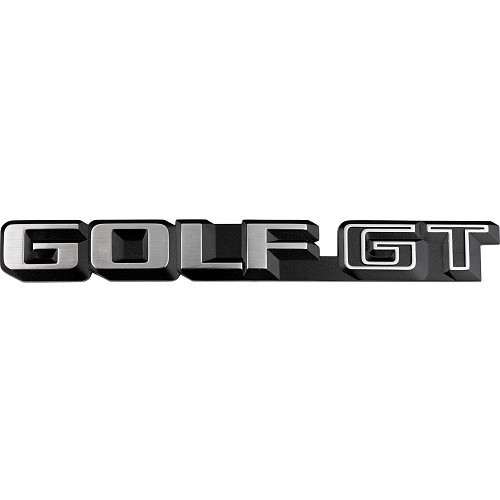  Zilveren GOLF GT embleem op zwarte achtergrond voor achterpaneel van VW Golf 2 GT afwerking (08/1986-07/1987)  - C259405 
