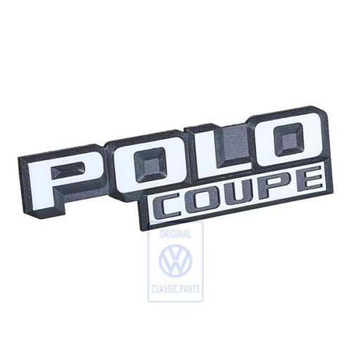  Witte POLO COUPE achterbadge op zwarte achtergrond voor VW Polo 2 86C Coupé (10/1981-09/1990)  - C263299 
