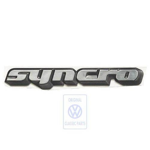  Logótipo adesivo SYNCRO em prata acetinada sobre fundo preto para o painel traseiro do VW Golf 2 Syncro (08/1985-07/1987) - C267607 