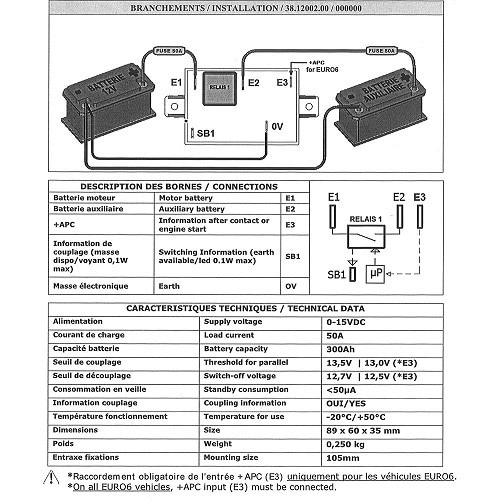  Low-capacity isolating coupler 50A/maxi 70A SCHEIBER -12V- 1 battery - CD10413-1 