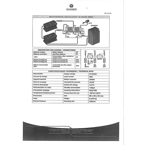  Acoplador de aislamiento Scheiber de baja capacidad 50A /maxi 70A - 3 alimentadores de batería incluyendo relé de nevera - CD10415-1 