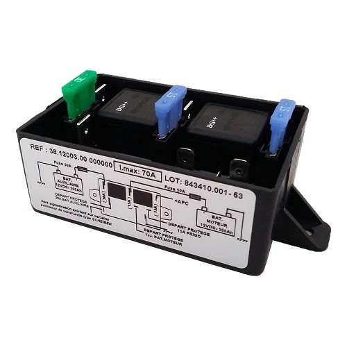     
                
                
    Coupleur séparateur faible capacité 50A /maxi 70A Scheiber - 3 départs de batteries inclus relais frigo - CD10415
