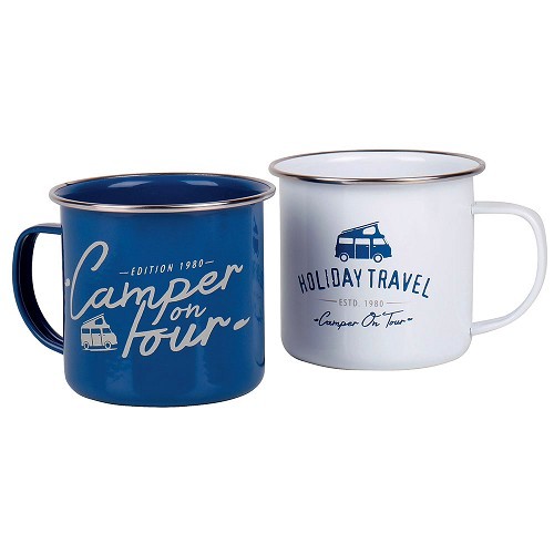  Set de 2 mugs émaillés blanc & bleu "Holiday Travel" & "Camper Tour" 400ml - CF12787 
