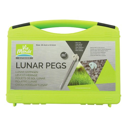     
                
                
    Set de 20 piquets LUNAR PEGS L:20.3 cm + mallette - sols très durs et caillouteux - attaches fluorescente - CS11645
