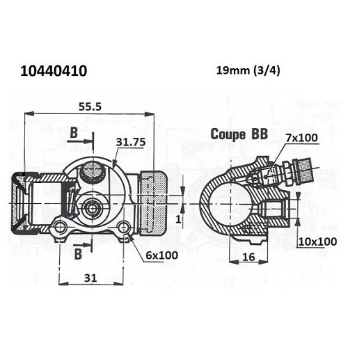  Cilindro da roda traseira com chave 10 para carrinha de 2cv até 1963 - 19mm-10x1mm - CV42010-3 