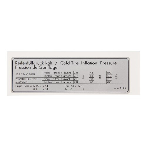  Tire pressure sticker for VOLKSWAGEN Transporter T25 (05/1979-07/1992) - except 16" syncro - KA08017 
