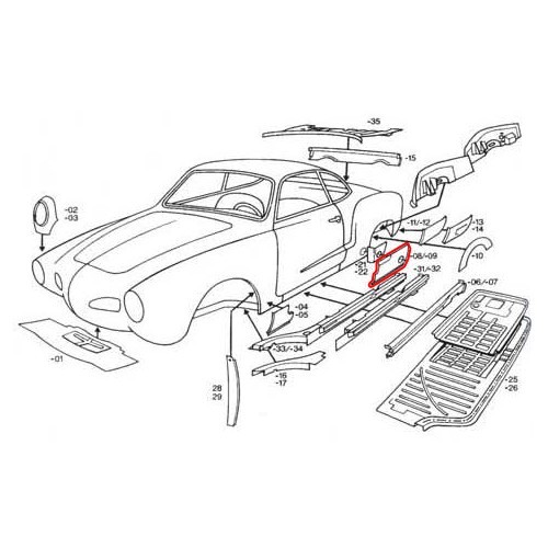  Linker achtertuimelpaneel voor Karmann Ghia type 14 - KGT088908-1 