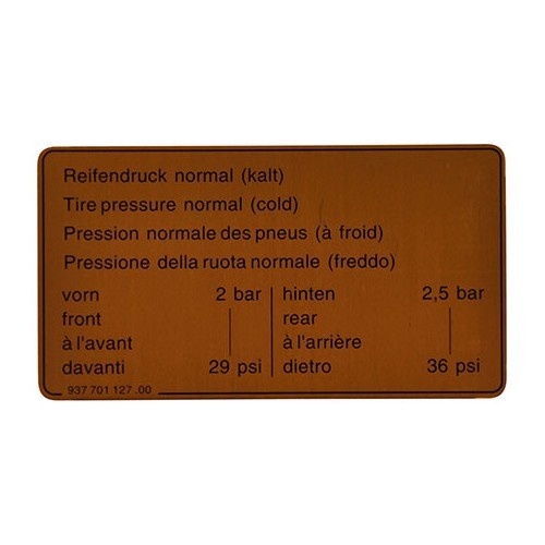     
                
                
    Autocollant indiquant la pression des pneus pour Porsche 911, 924 et 944 - RS13275
