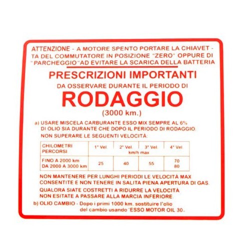  Étiquette rouge "Rodaggio" Vespa GS 150 - SC82628 