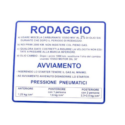  Étiquette bleue "Rodaggio" Vespa 50-90-125, 125 Primavera, ET3 - SC82640 