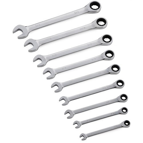     
                
                
    Ratchet ring spanners - 9 pieces - Sizes in inches - TB00397
