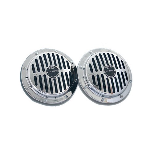     
                
                
    Paire de klaxons 2 tons BOSCH chromés 12 volts - UA19036
