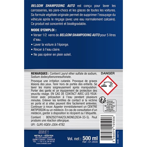 Shampooing concentré BELGOM pour carrosserie - flacon - 500ml - UC01000