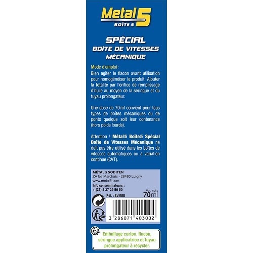 Traitement anti-usure spécial boîte de vitesses manuelle METAL 5 - seringue  - 70ml - UD03800 