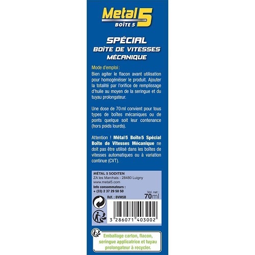  Traitement anti-usure spécial boîte de vitesses manuelle METAL 5 - seringue - 70ml - UD03800-1 