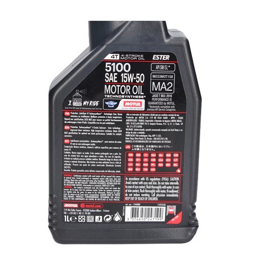 Motoröl für Motorräder MOTUL 5100 4T 15W50 - Technosynthese - 1 Liter - UD10604