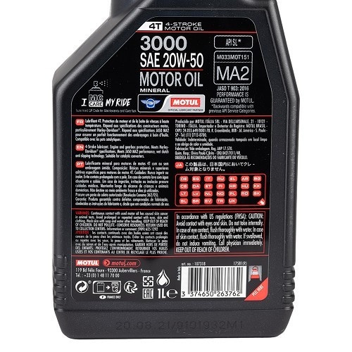  Motul 3000 4T 20W50 aceite mineral para moto, 1 litro - UD10624-1 