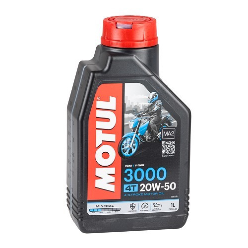     
                
                
    Huile moteur pour moto MOTUL 3000 4T 20W50 - minérale - 1 Litre - UD10624
