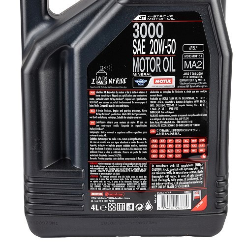 Motoröl für Motorräder MOTUL 3000 4T 20W50 - mineralisch - 4 Liter - UD10625