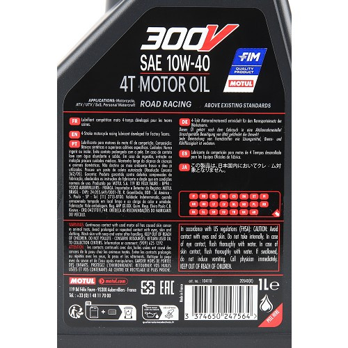 Motoröl für Motorräder MOTUL 300V 4T 10W40 - synthetisch - 1 Liter - UD10632