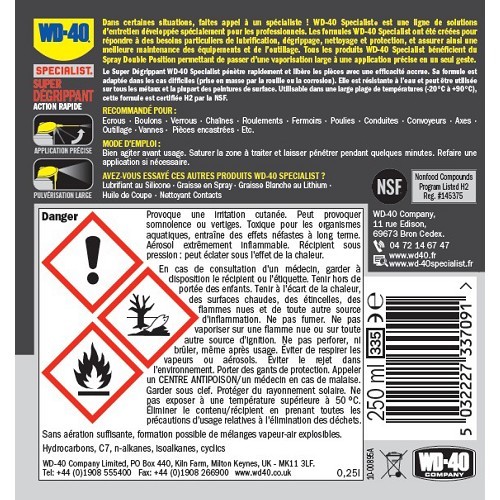  Spray super dégrippant action rapide WD-40 SPECIALIST - bombe - 400ml  - UD28097-1 