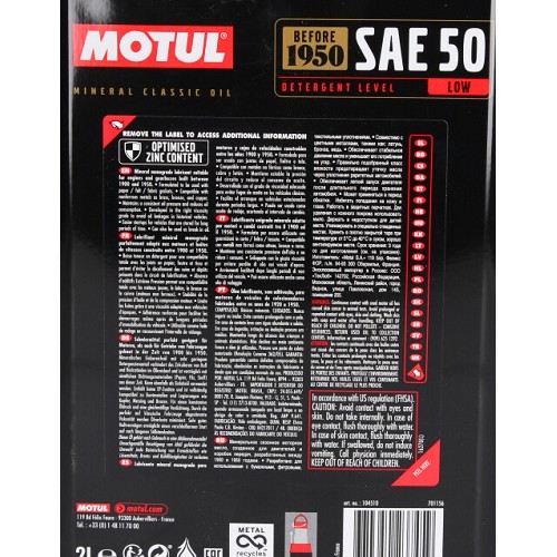 Huile moteur MOTUL Classic SAE 50 - minérale - 2 Litres - UD30040