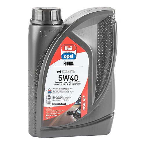     
                
                
    Engine Oil UNIL OPAL OPALJET FUTURA 5W40 Renault RN0700 RN0710 and VW 505.00 505.01 - 100% synthetic - 1 Litre - UD30424
