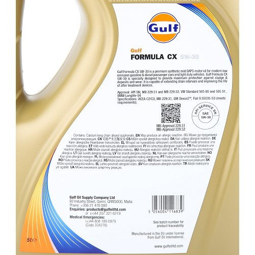 Engine Oil GULF Formula CX 5W30 GM Dexos2 - 100% synthetic - 5 Liters - UD30462