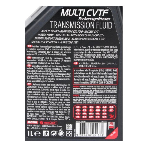  MOTUL MULTI CVTF óleo para transmissões de variação contínua - Technosynthesis - 1 litro - UD30570-1 