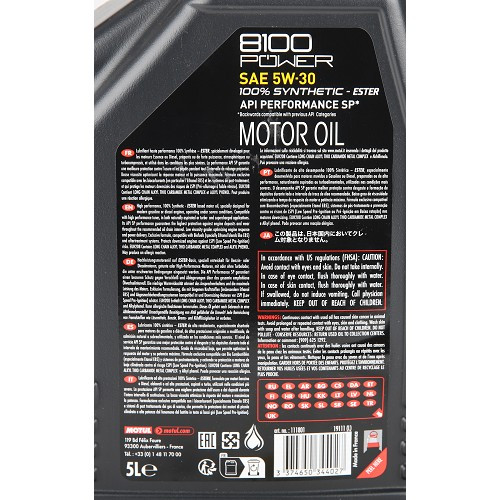 MOTUL 8100 POWER 5W30 Sport Engine Oil - 100% synthetic - 5 Liters - UD31003