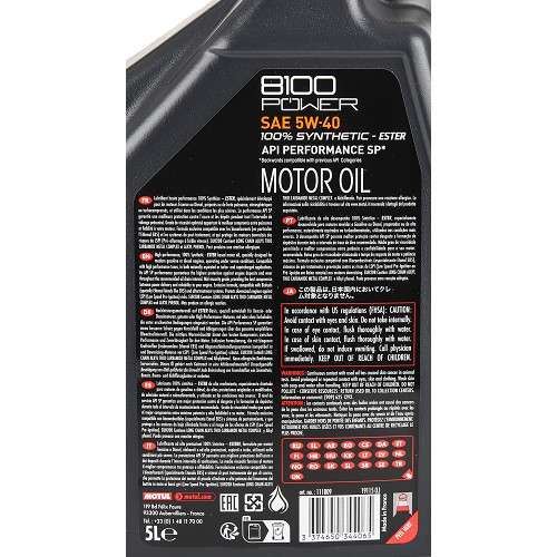 MOTUL 8100 POWER 5W40 Sport Engine Oil - 100% synthetic - 5 Liters - UD31005
