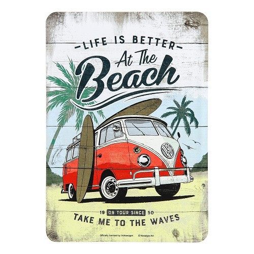  Cartolina postale in metallo VW COMBI SPLIT LIFE IS BETTER AT THE BEACH - 10 x 14 cm - UF01692 