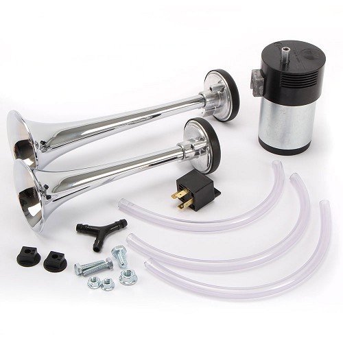     
                
                
    Klaxon "bi-ton" 12 Volt en acier chromé son puissant et profond - VA19023
