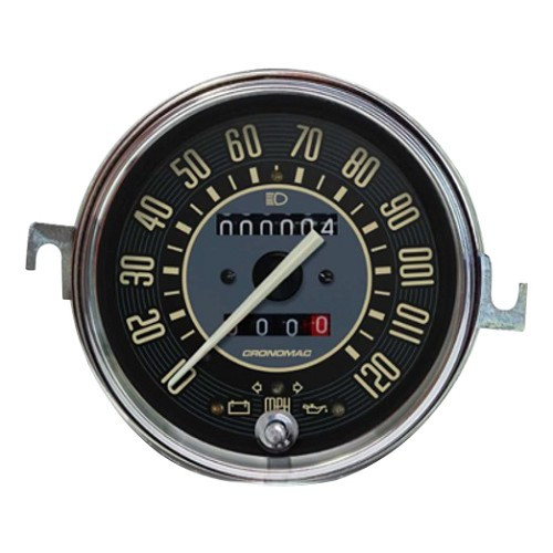     
                
                
    Compteur CRONOMAC pour VOLKSWAGEN Coccinelle 1200/1300 et Combi Split - 120km/h - VB09005
