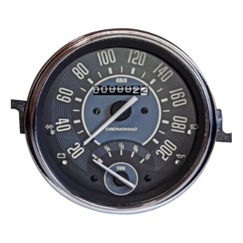     
                
                
    Compteur et jauge à carburant CRONOMAC pour VOLKSWAGEN Coccinelle 1200/1300 et Combi Split - 200km/h - VB09007
