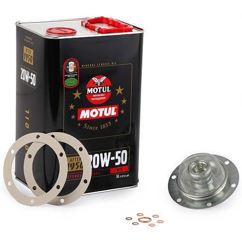     
                
                
    5L Motul + strainer + gasket oil change kit for VW Type 1 Beetle Camper engine - VC52514
