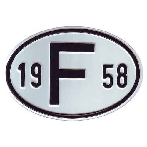  "F" metal country plate with year 1958 - VF1958 