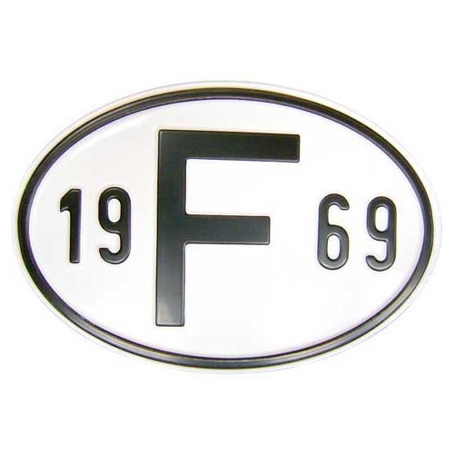     
                
                
    Plaque pays "F" en métal avec année 1969 - VF1969
