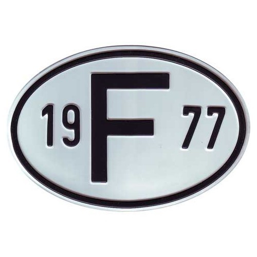  "F" metal country plate with year 1977 - VF1977 