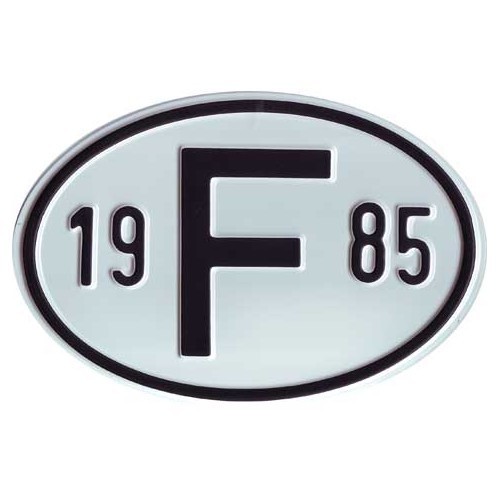  "F" metal country plate with year 1985 - VF1985 