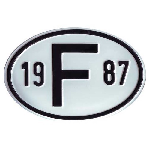  "F" metal country plate with year 1987 - VF1987 