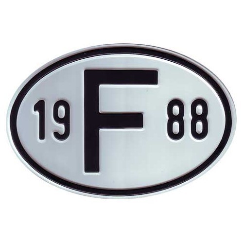  "F" metal country plate with year 1988 - VF1988 