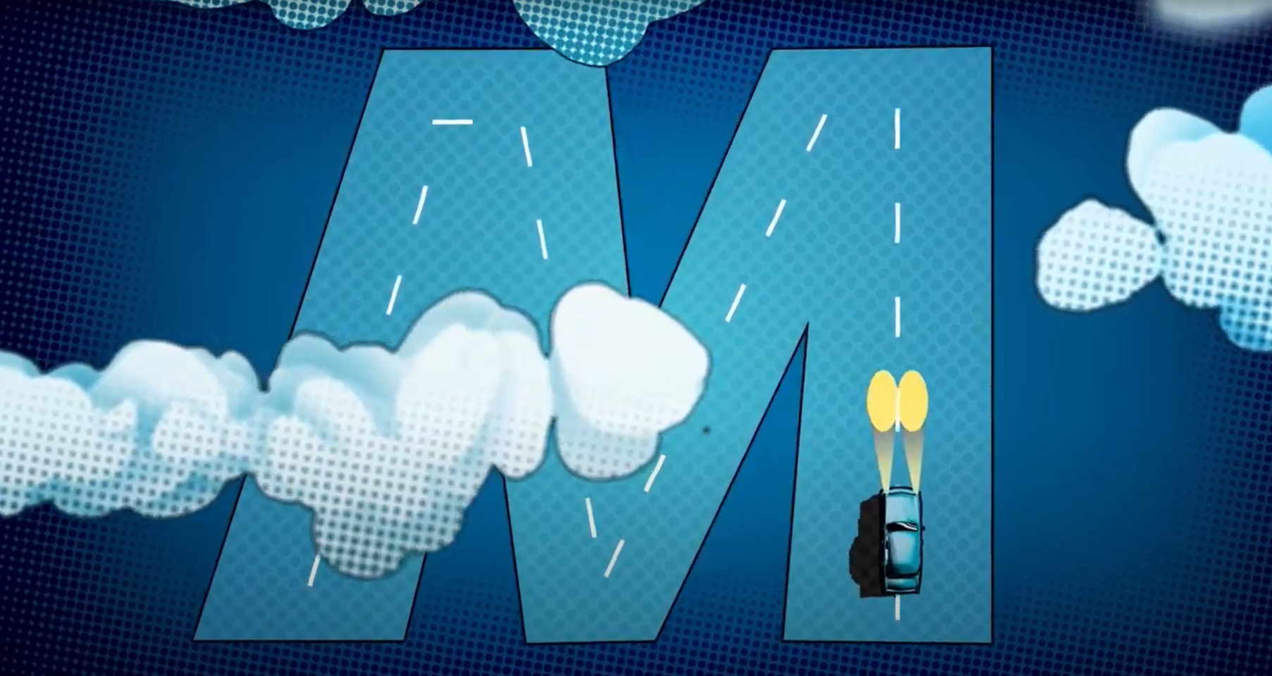 Image du spot en motion design de Mecatechnic : un grand M bleu transformé en route, entouré de nuages
