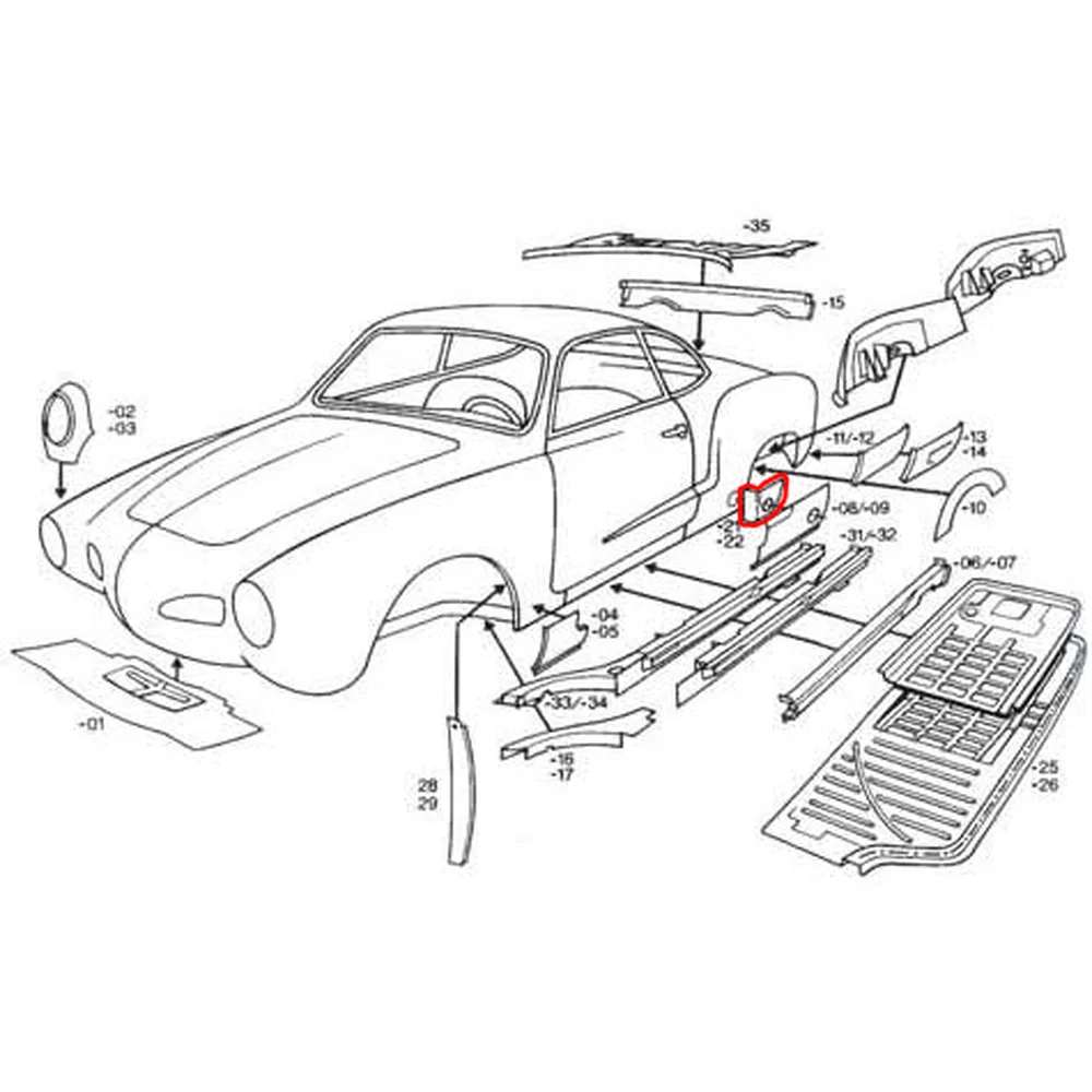 141800458 : Jonction de longeron arrière droit pour Volkswagen Karmann Ghia