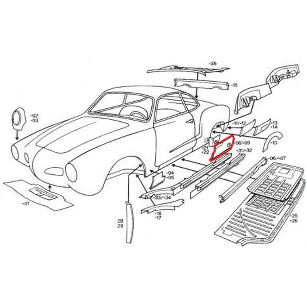 141800451 : Bas de caisse arrière gauche pour Volkswagen Karmann Ghia type 14