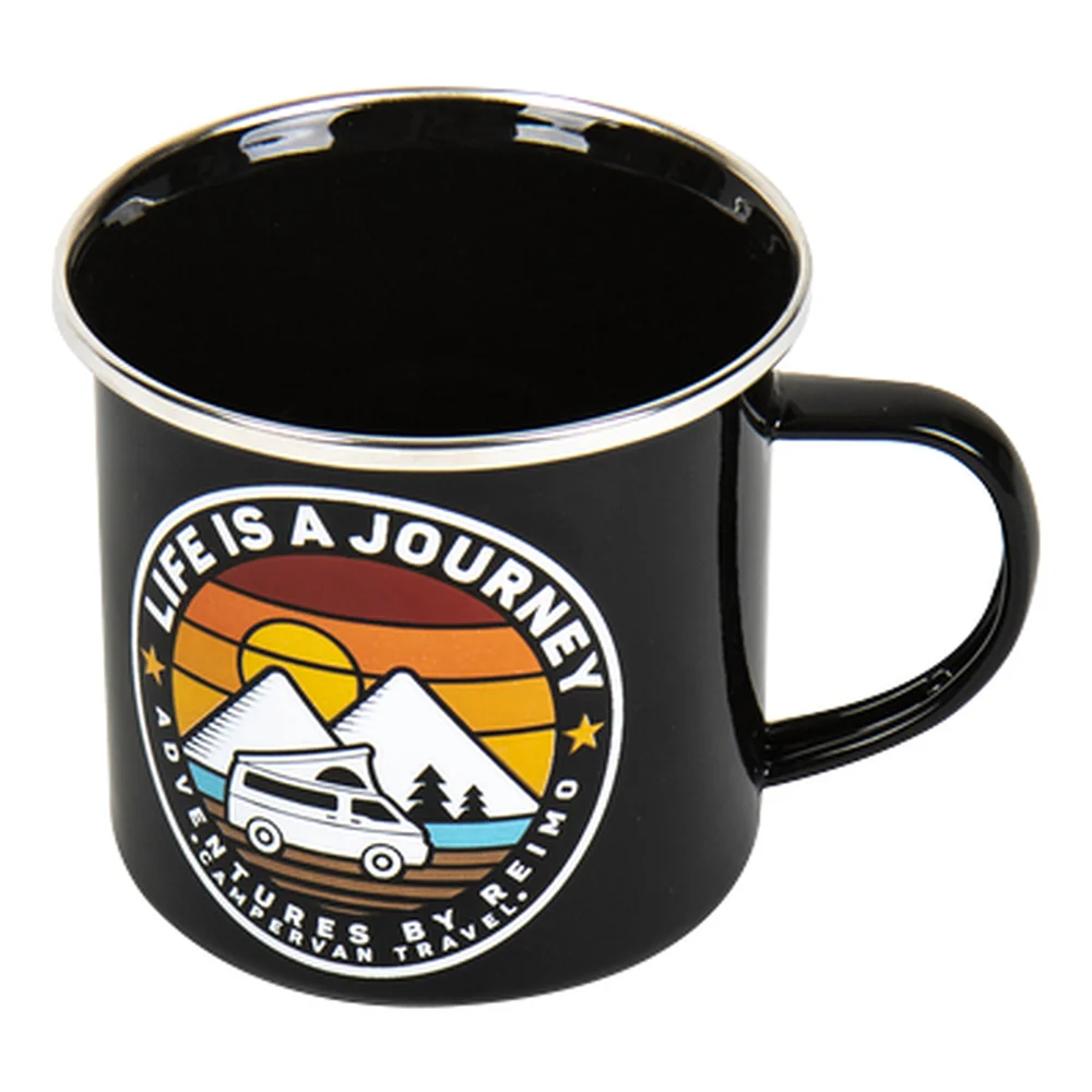 Taza esmaltada negra LA VIDA ES UN VIAJE 350 ml